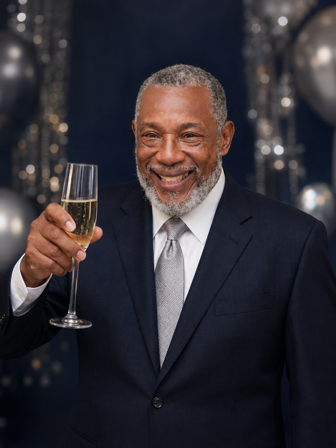 AI-created celebration portrait of Serge Ernst Pierre raising a champagne glass